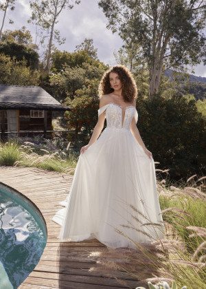 Off Shoulder Beaded Ivory Lace Tulle Flowing Wedding Dress